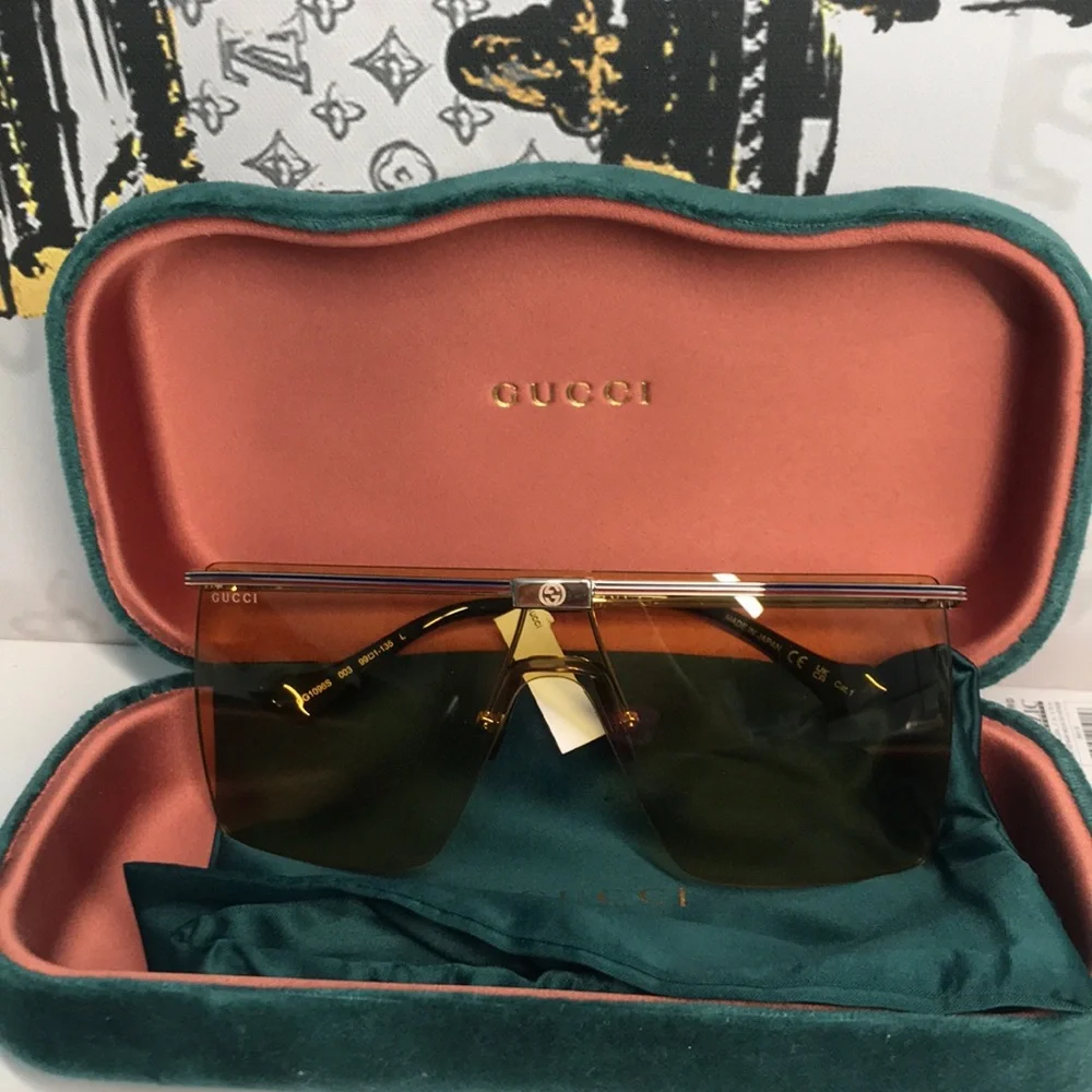 New Authentic GG1096S 003 Sunglasses by Gucci™ Shield, Material: Metal, Rimless.